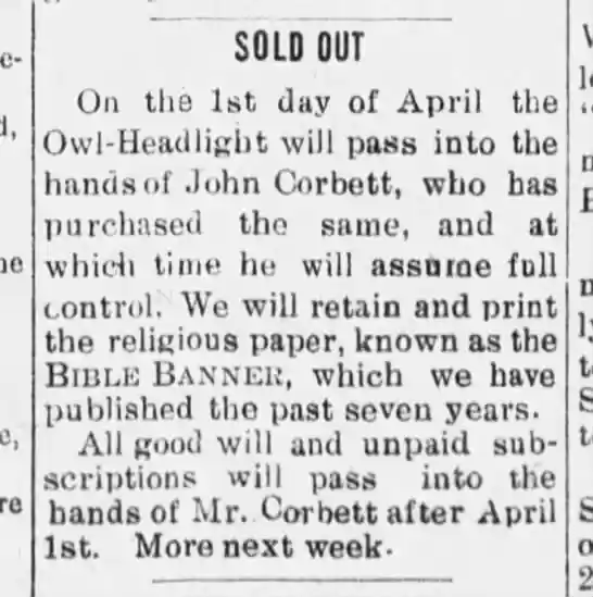Long's Sale of Owl-Headlight announced Mar 5, 1912
